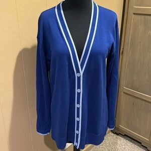 Talbots royal blue/light blue edging enamel/silver button cardigan. Small.